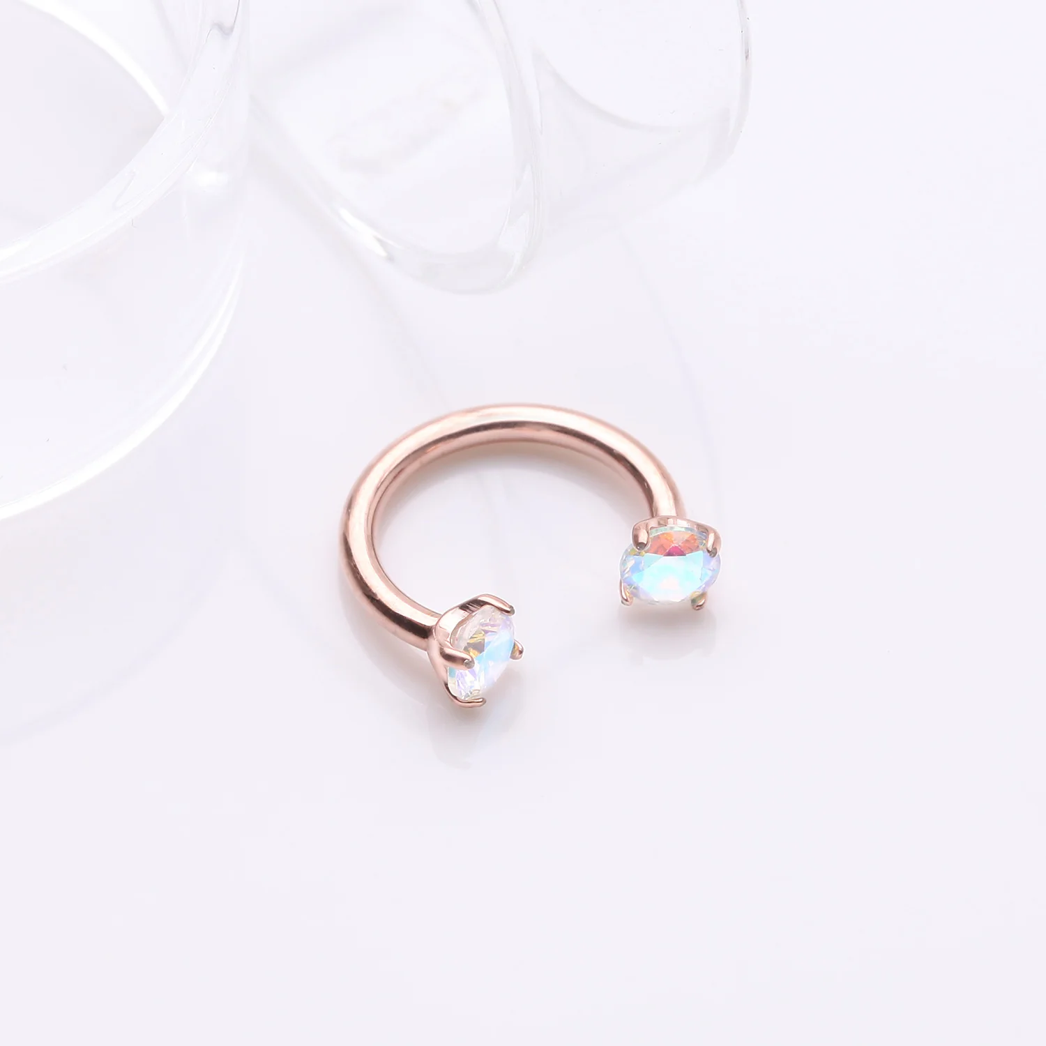 Implant Grade Titanium Rose Gold Prong Gem Sparkle Internally Threaded Horseshoe Barbell - Image 2