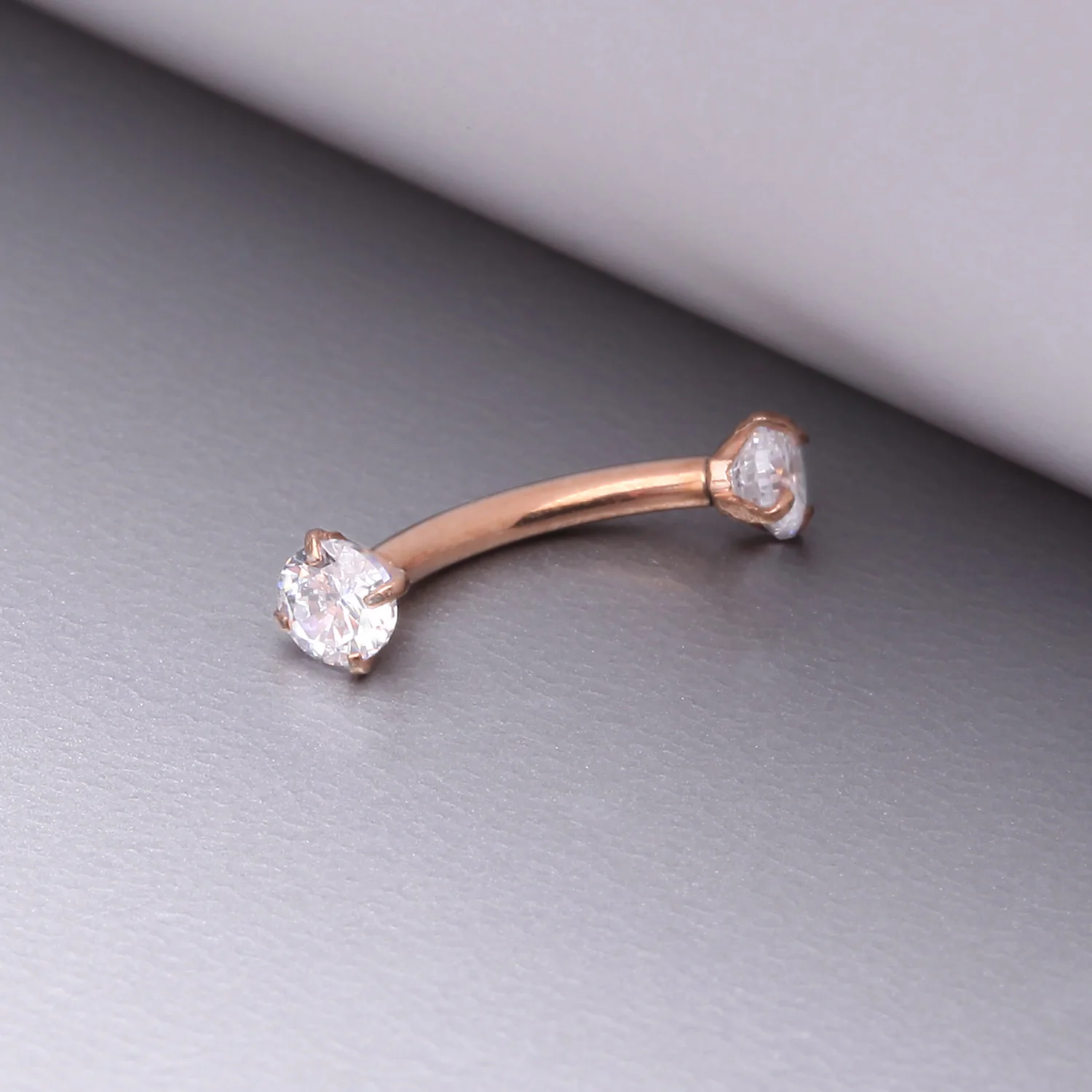 Implant Grade Titanium Rose Gold Prong Set Gem Sparkles Internally Threaded Curved Barbell - Image 2