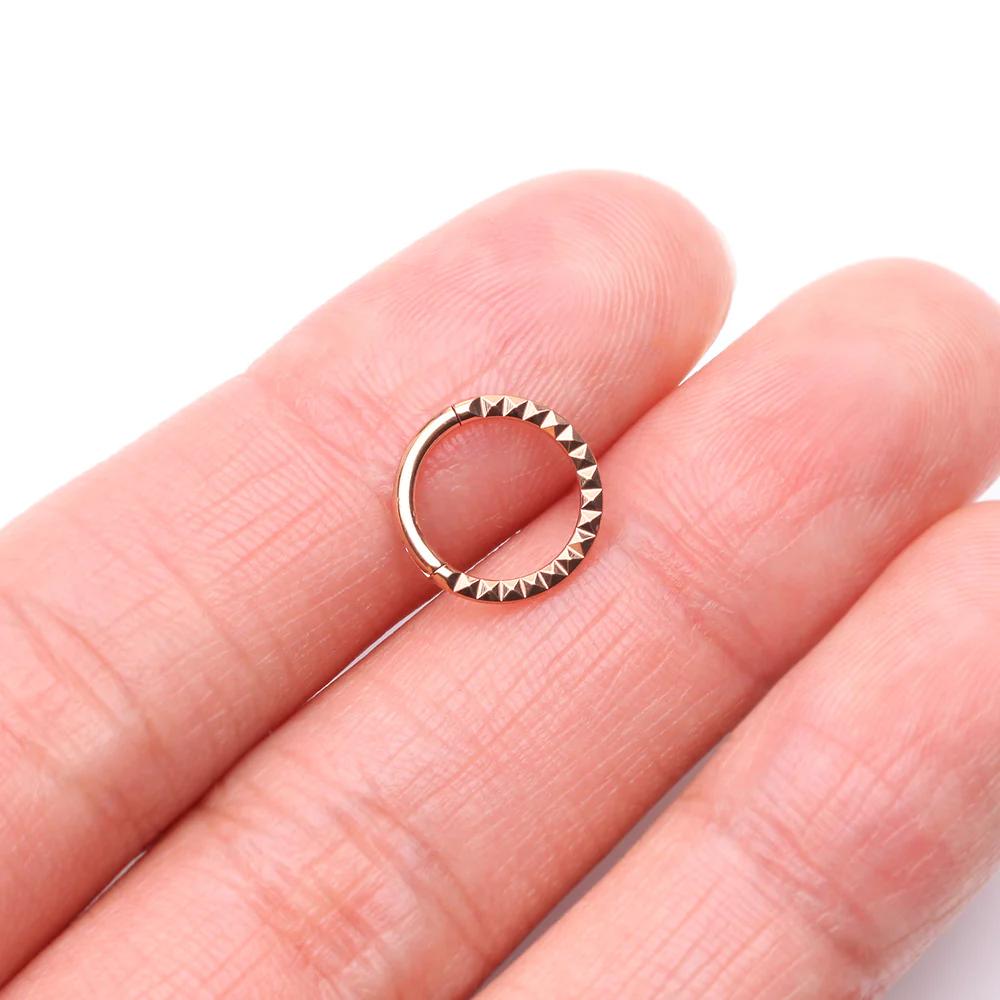 Implant Grade Titanium Rose Gold Pyramid Front Geometric Seamless Clicker Hoop Ring - Image 3