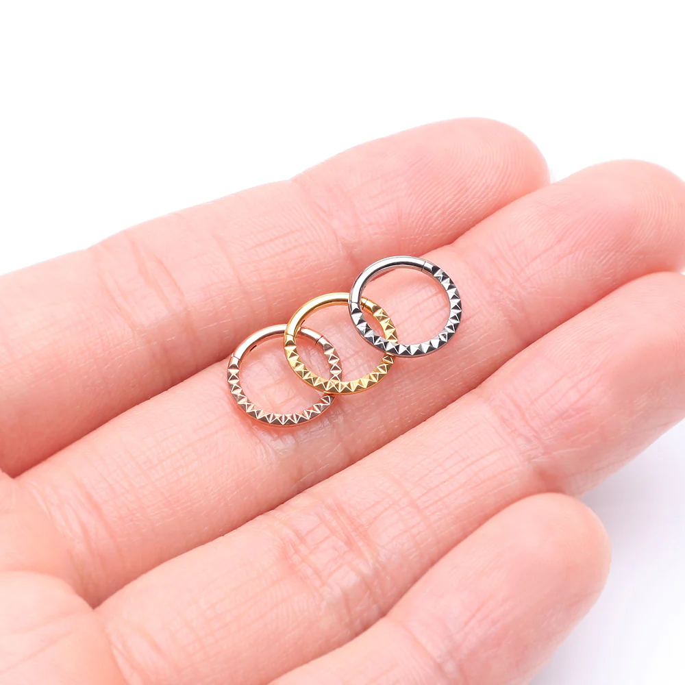 Implant Grade Titanium Rose Gold Pyramid Front Geometric Seamless Clicker Hoop Ring - Image 4