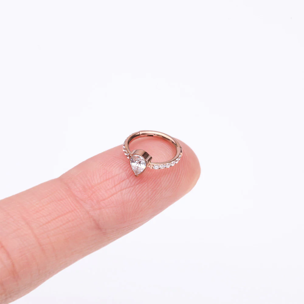 Implant Grade Titanium Rose Gold Teardrop Sparkle Multi-Gem Rimmed Seamless Clicker Hoop Ring - Image 3