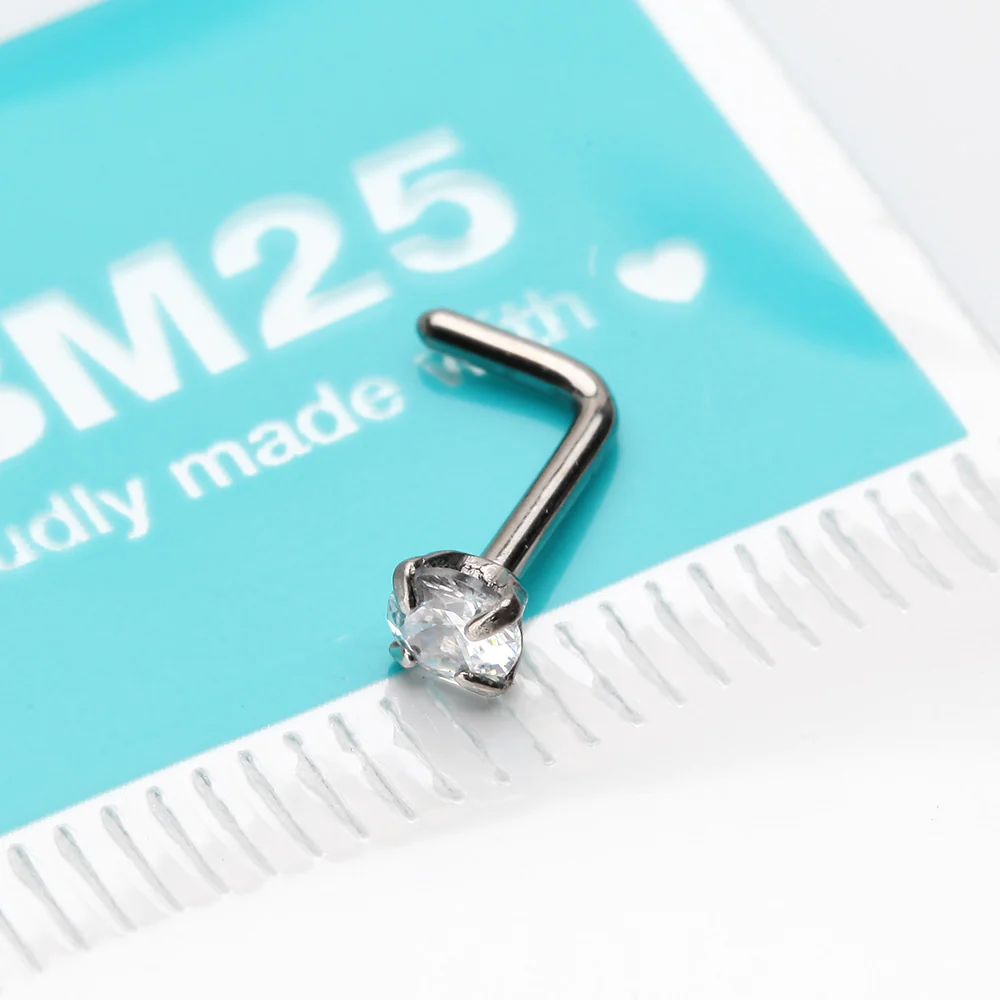 Implant Grade Titanium Round Prong Set Sparkle Gem Top L-Shaped Nose Ring - Image 3