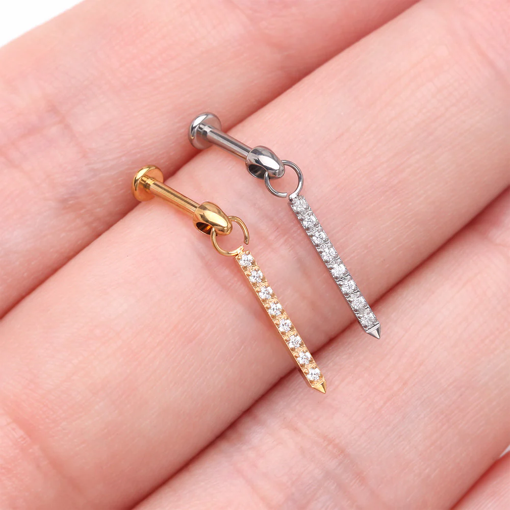 Implant Grade Titanium Sparkle Bar Dangle Internally Threaded Labret - Image 4