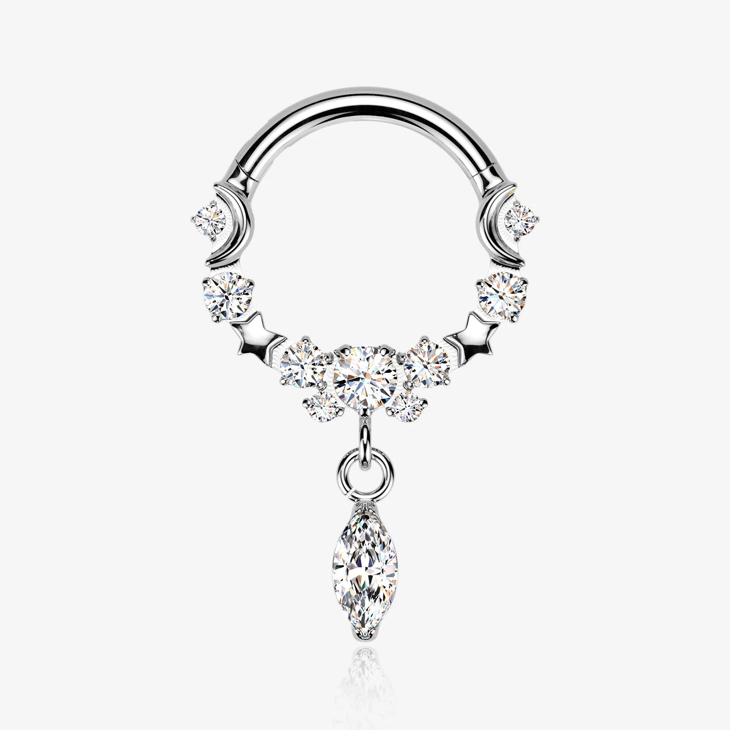 Implant Grade Titanium Sparkle Dangle Crescent Moon and Stars Clicker Hoop Ring