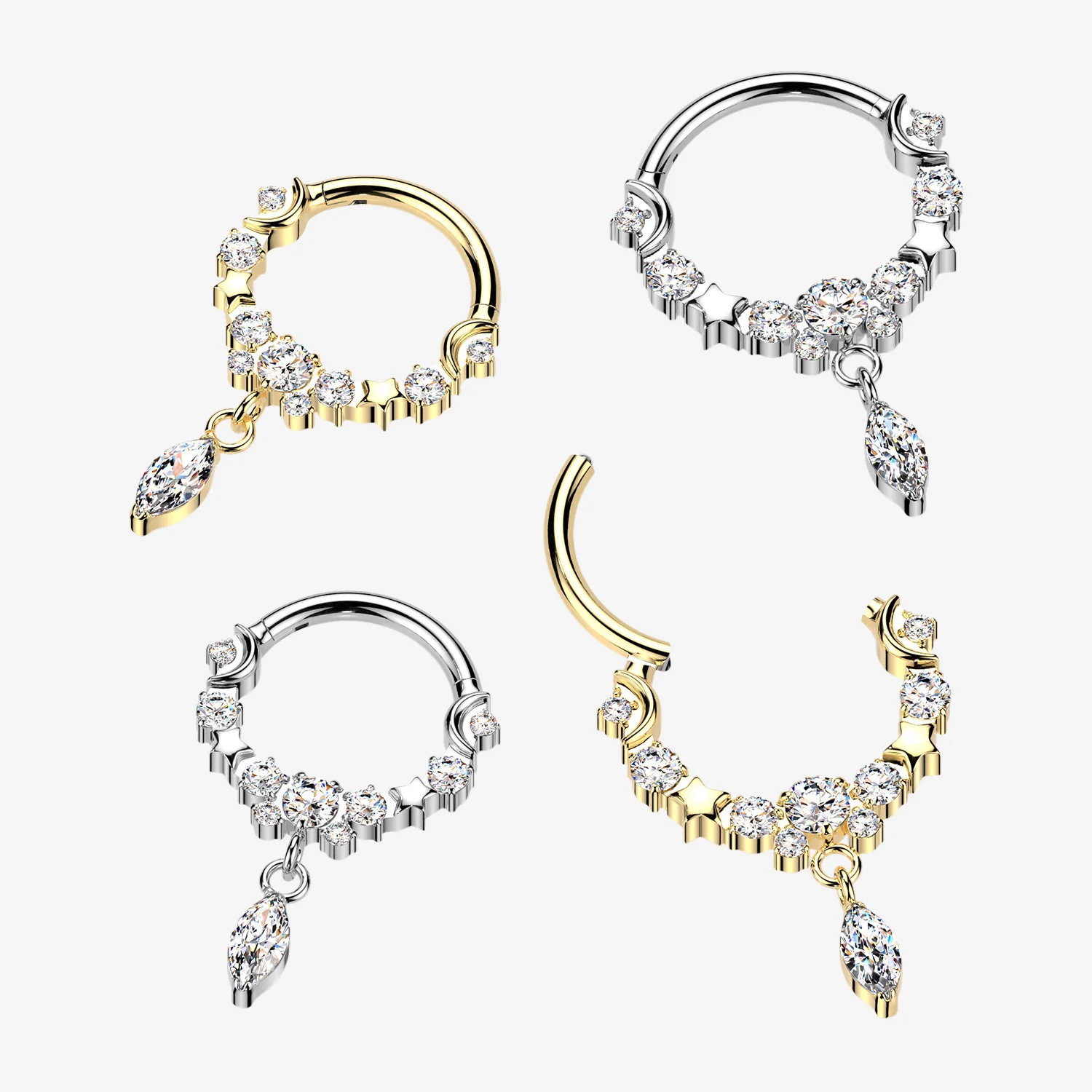Implant Grade Titanium Sparkle Dangle Crescent Moon and Stars Clicker Hoop Ring - Image 2