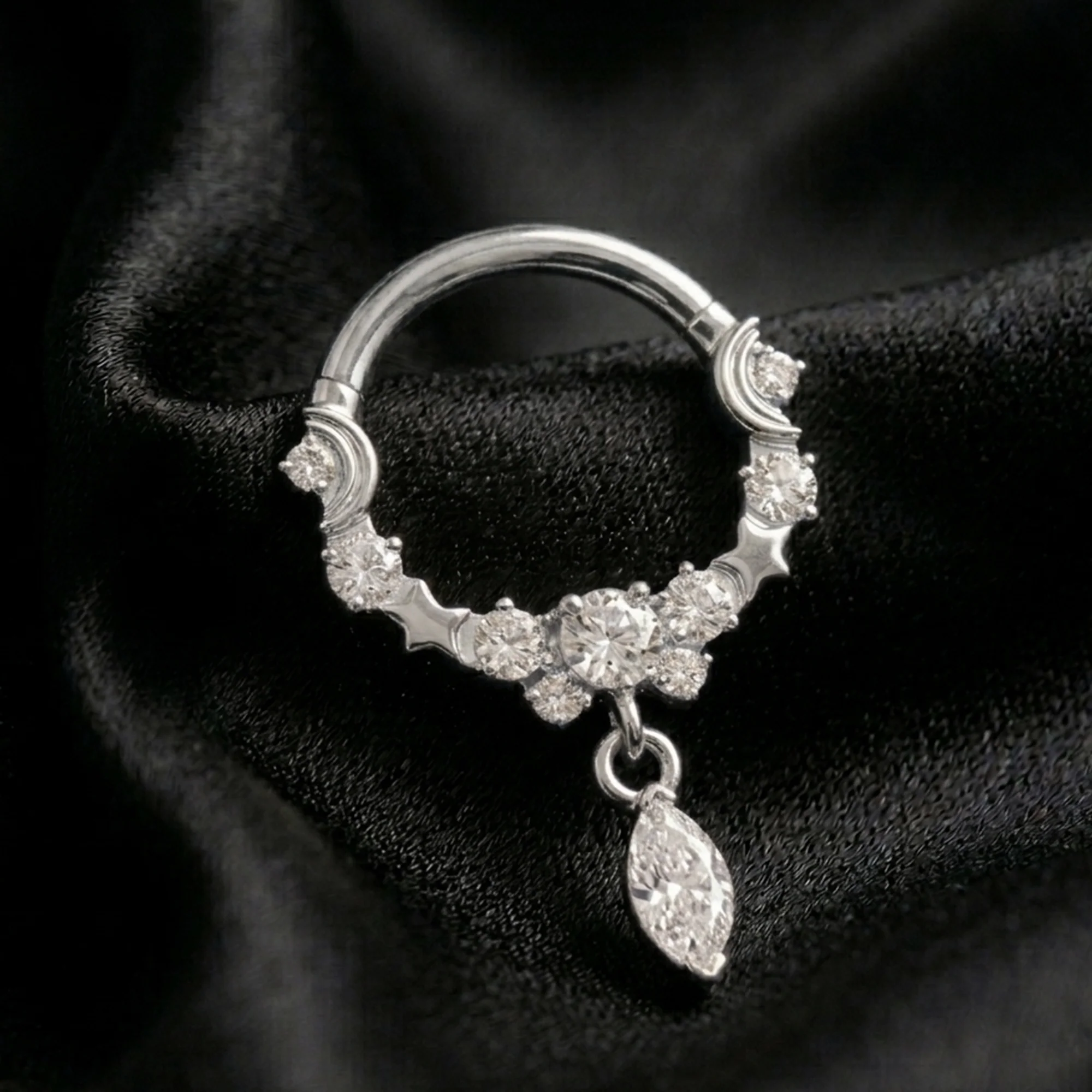 Implant Grade Titanium Sparkle Dangle Crescent Moon and Stars Clicker Hoop Ring - Image 3