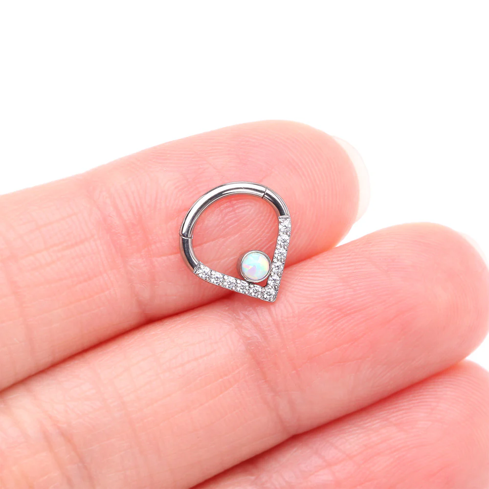 Implant Grade Titanium Sparkle Lined Center Fire Opal Clicker Hoop Ring - Image 3