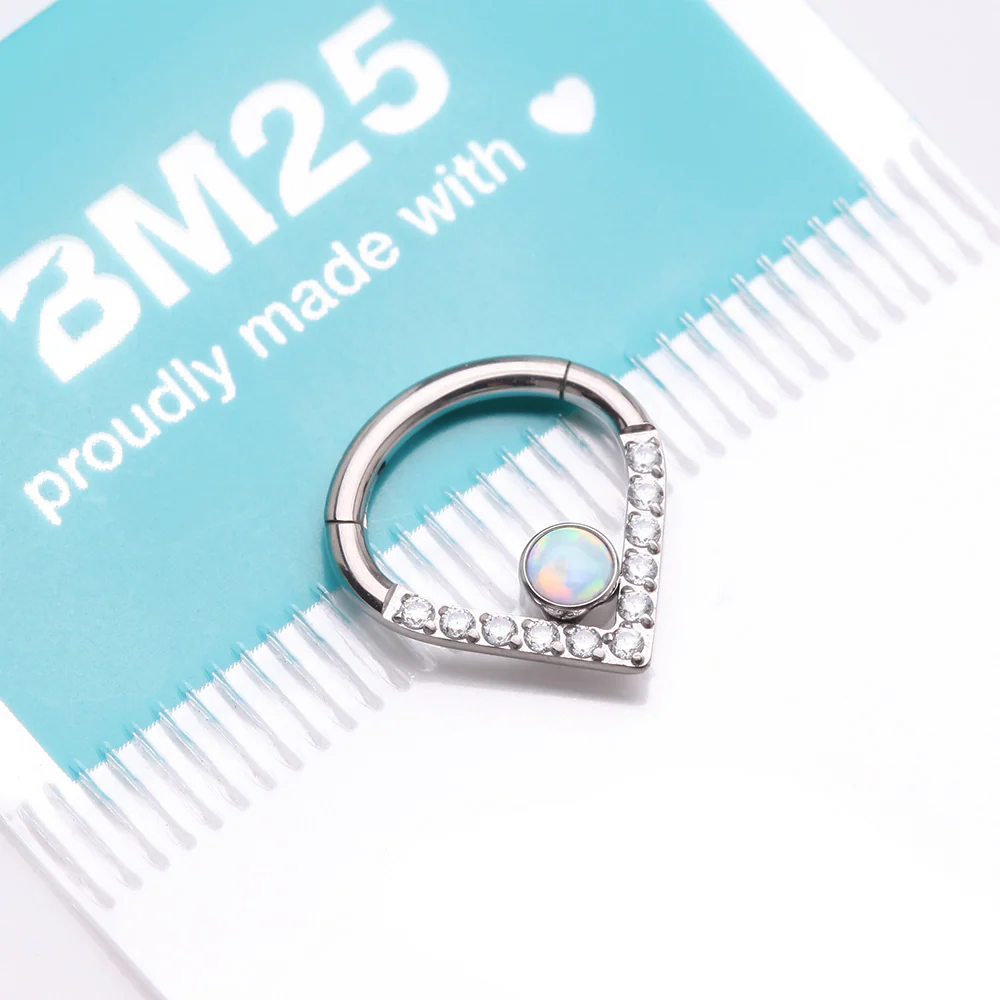 Implant Grade Titanium Sparkle Lined Center Fire Opal Clicker Hoop Ring - Image 5