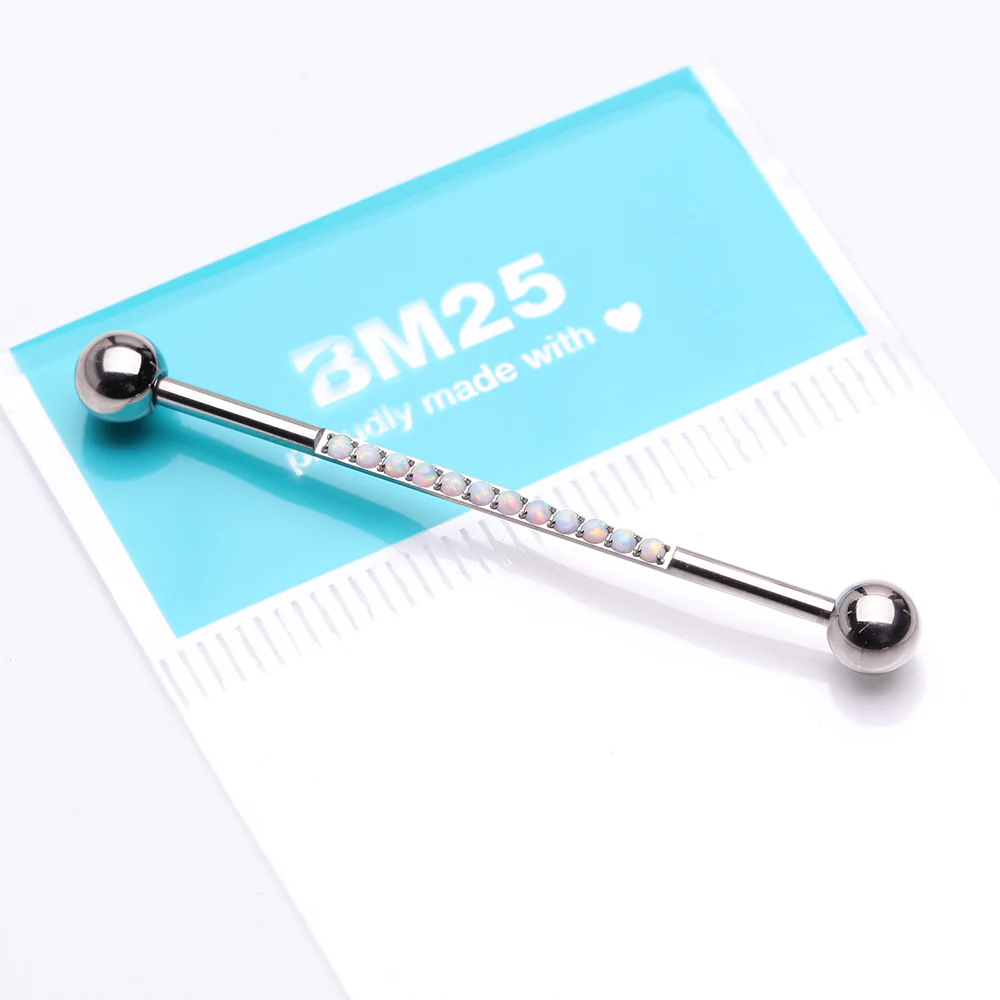 Implant Grade Titanium Sparkle Lined Fire Opal Industrial Barbell - Image 3