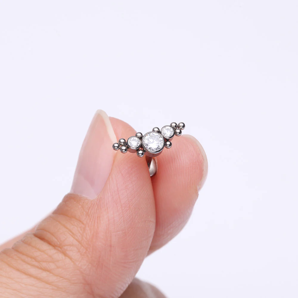 Implant Grade Titanium OneFit Threadless Sparkle Arc Bali Beads Flat Back Stud Labret - Image 3