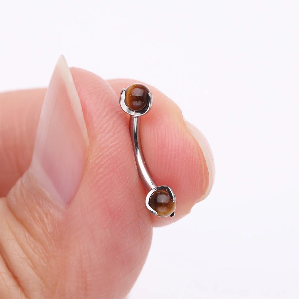 Implant Grade Titanium Tiger Eye Stone Ball Claw Prong Internally Threaded Curved Barbell - Image 3