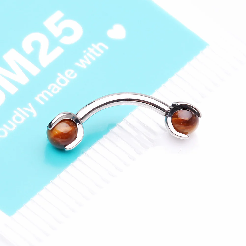 Implant Grade Titanium Tiger Eye Stone Ball Claw Prong Internally Threaded Curved Barbell - Image 5