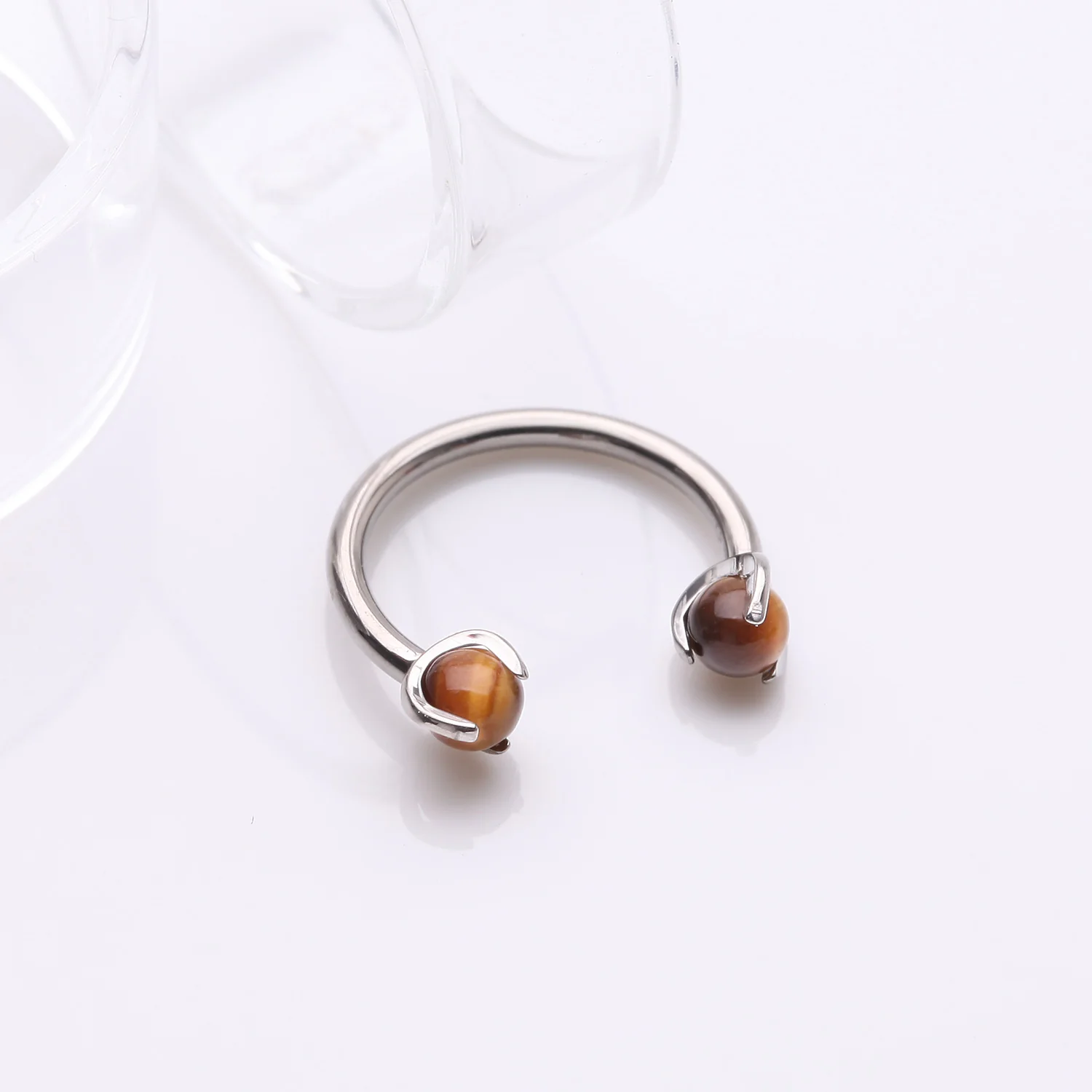 Implant Grade Titanium Tiger Eye Stone Ball Claw Prong Internally Threaded Horseshoe Barbell - Image 2
