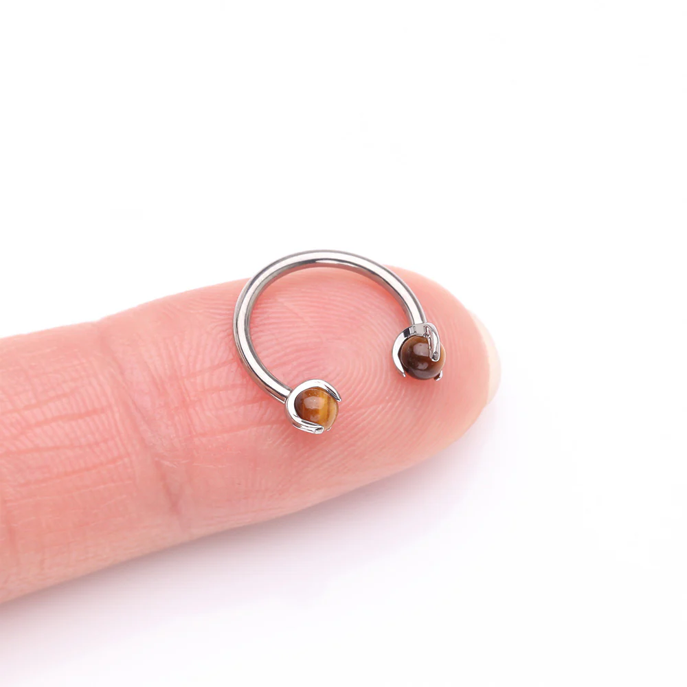 Implant Grade Titanium Tiger Eye Stone Ball Claw Prong Internally Threaded Horseshoe Barbell - Image 3
