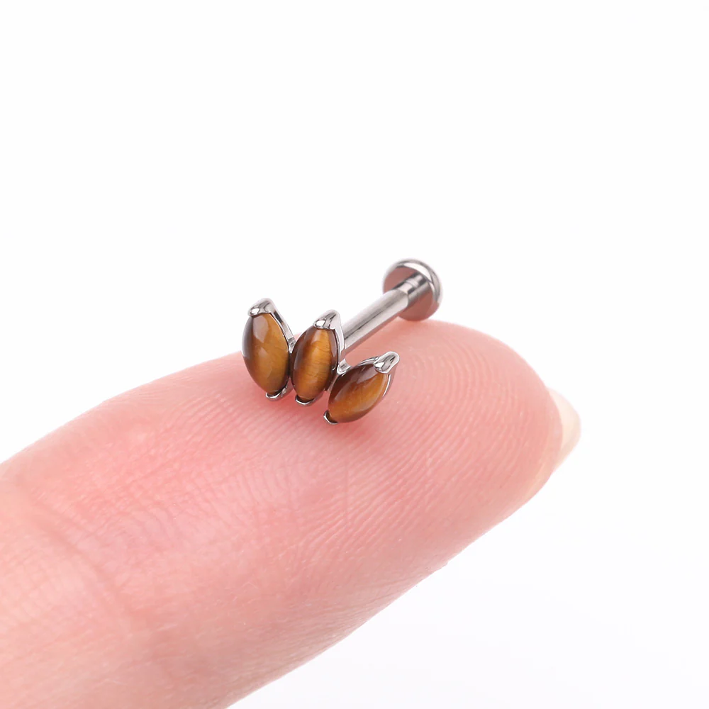 Implant Grade Titanium Triple Marquise Tiger Eye Stone Internally Threaded Labret - Image 3