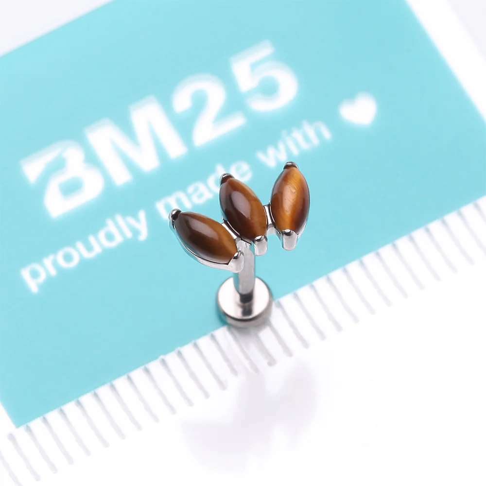 Implant Grade Titanium Triple Marquise Tiger Eye Stone Internally Threaded Labret - Image 5