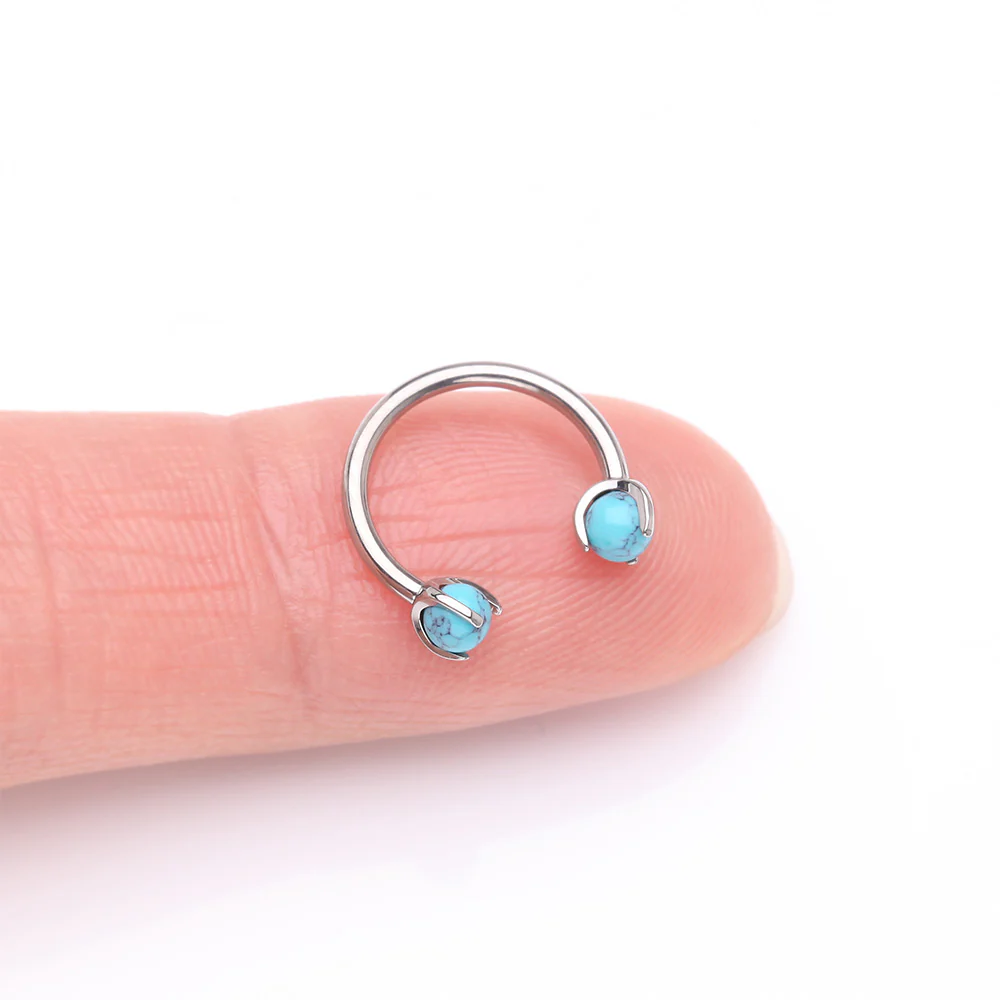 Implant Grade Titanium Turquoise Stone Ball Claw Prong Internally Threaded Horseshoe Barbell - Image 3