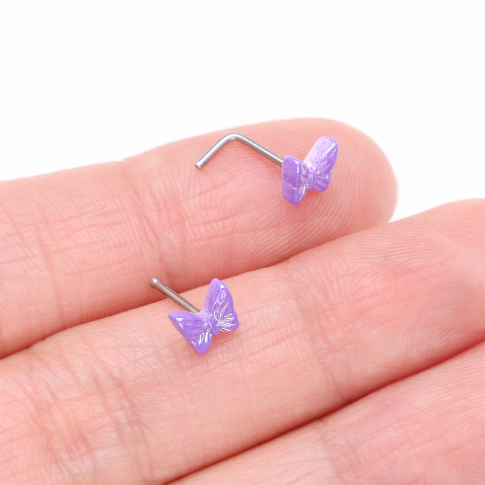Iridescent Purple Butterfly Nose Stud Ring - Image 4