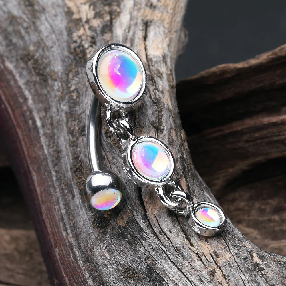 Irisdescent Sparkle Triple Gem Reverse Belly Button Ring - Image 3