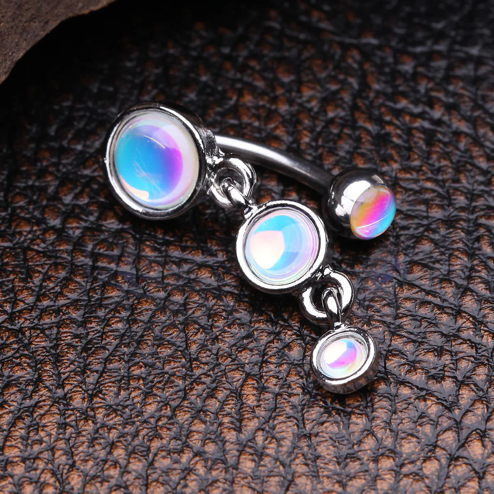 Irisdescent Sparkle Triple Gem Reverse Belly Button Ring - Image 4