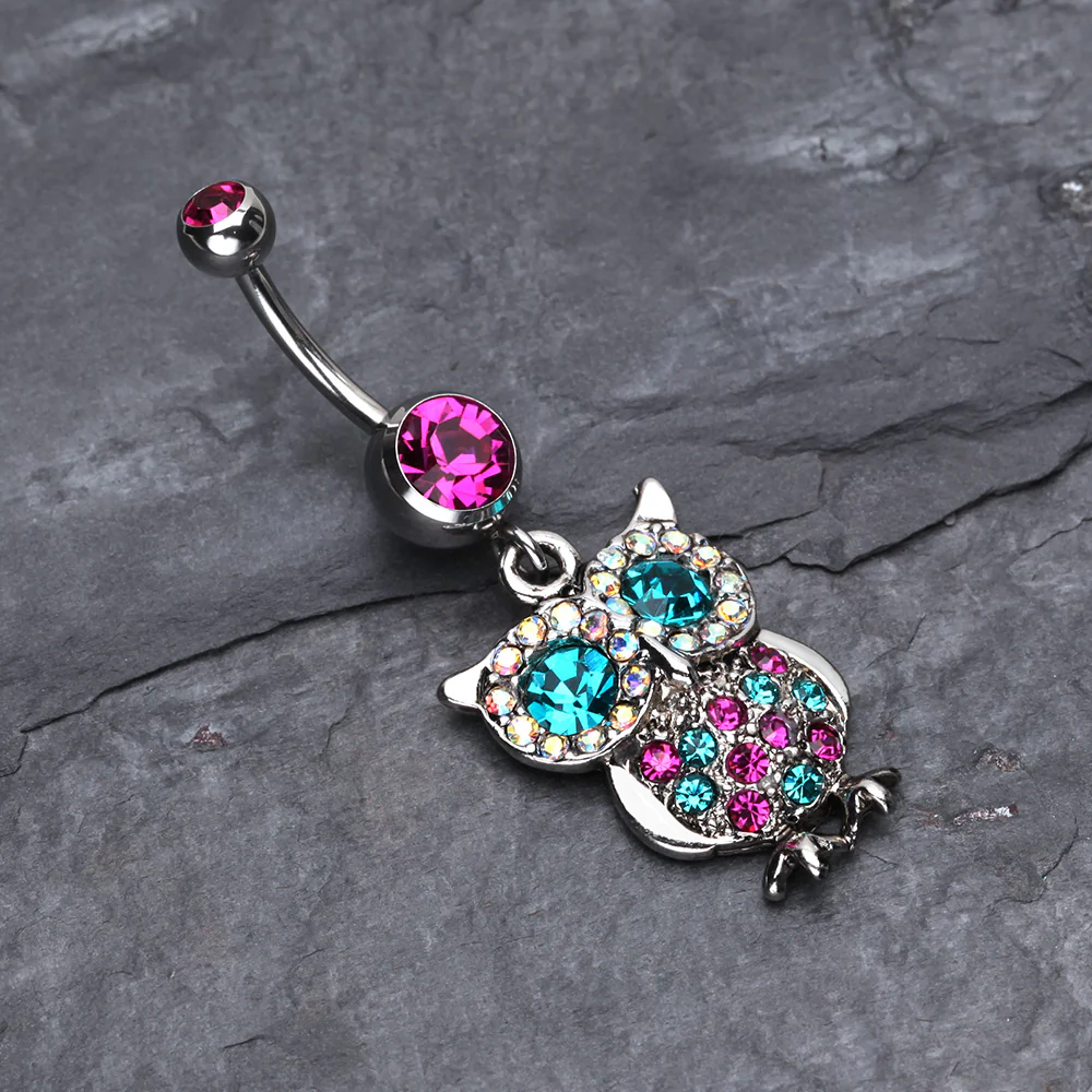 Jeweled Sparkling Owl Dangle Belly Ring - Image 3
