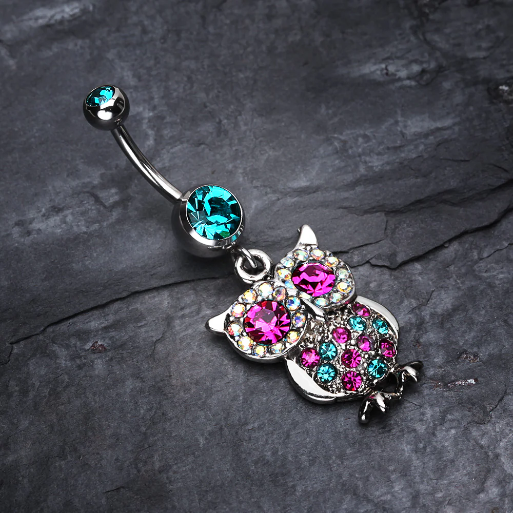 Jeweled Sparkling Owl Dangle Belly Ring - Image 3