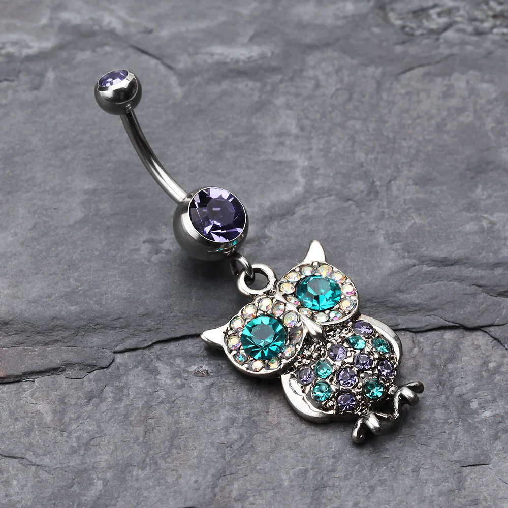 Jeweled Sparkling Owl Dangle Belly Ring - Image 3