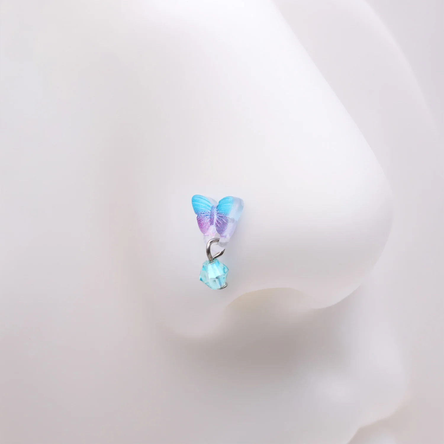 Kawaii Pop Blurple Butterfly Sparkle Dangle L-Shaped Nose Ring - Image 2