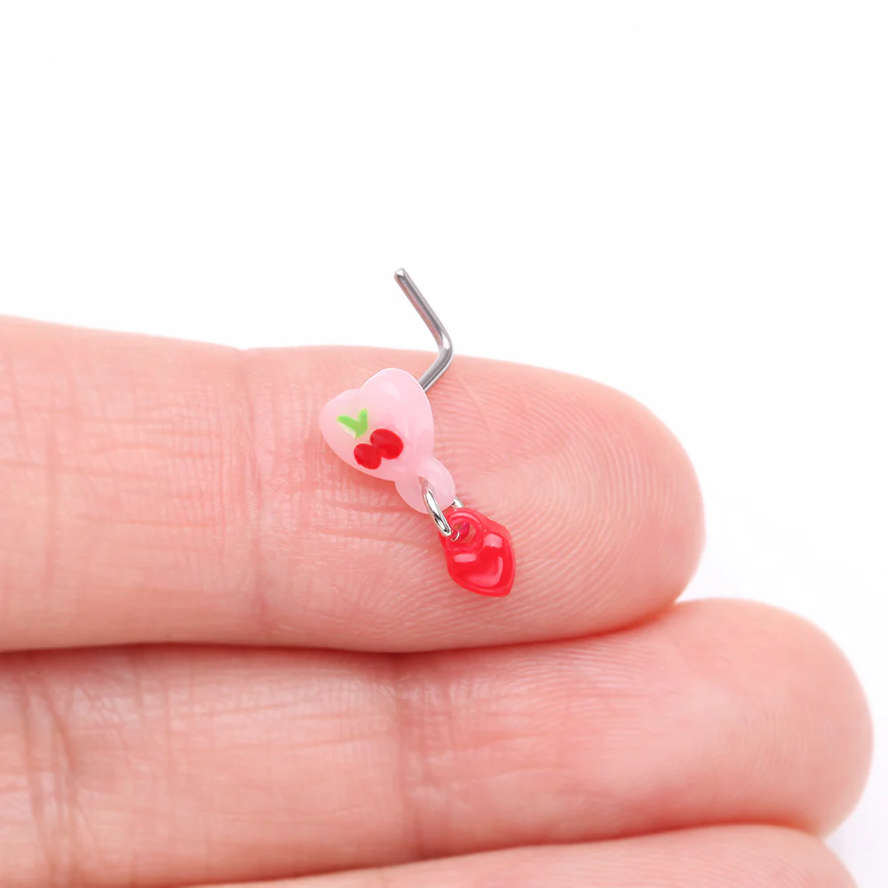 Kawaii Pop Cherry Heart Dangle L-Shaped Nose Ring - Image 3