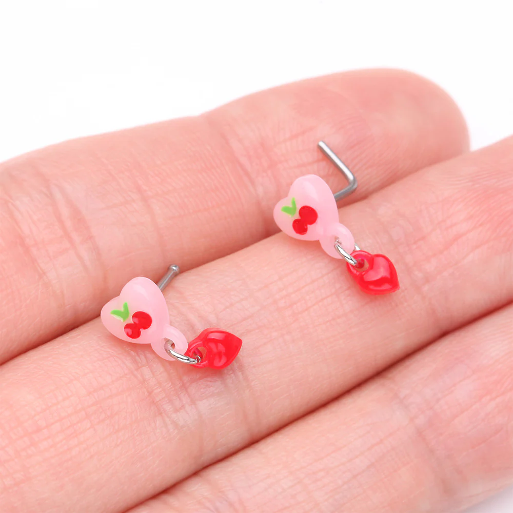 Kawaii Pop Cherry Heart Dangle L-Shaped Nose Ring - Image 4