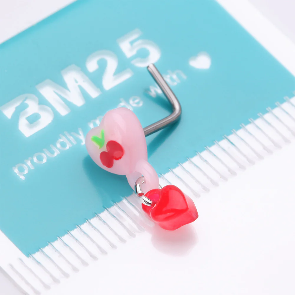 Kawaii Pop Cherry Heart Dangle L-Shaped Nose Ring - Image 5