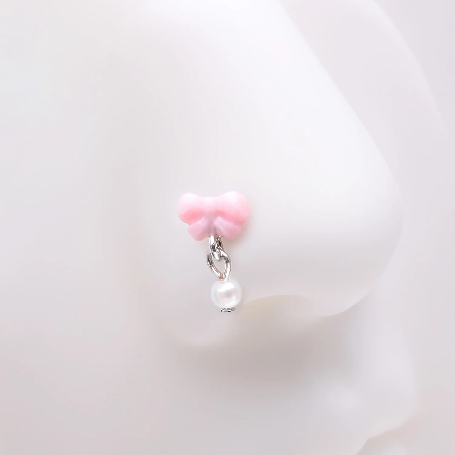 Kawaii Pop Fluffy Bow-Tie Pearlescent Dangle L-Shaped Nose Ring - Image 2
