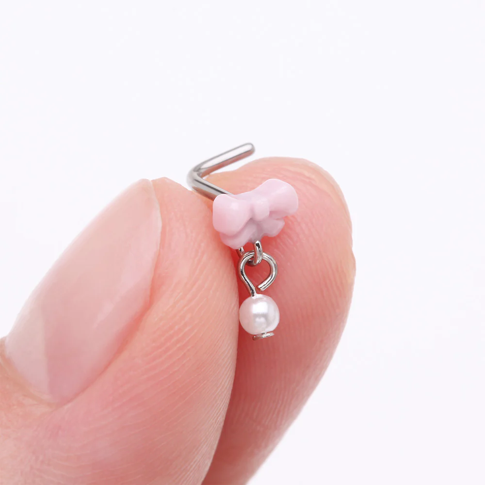 Kawaii Pop Fluffy Bow-Tie Pearlescent Dangle L-Shaped Nose Ring - Image 3