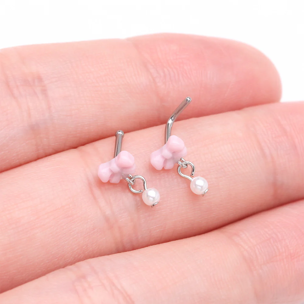 Kawaii Pop Fluffy Bow-Tie Pearlescent Dangle L-Shaped Nose Ring - Image 4