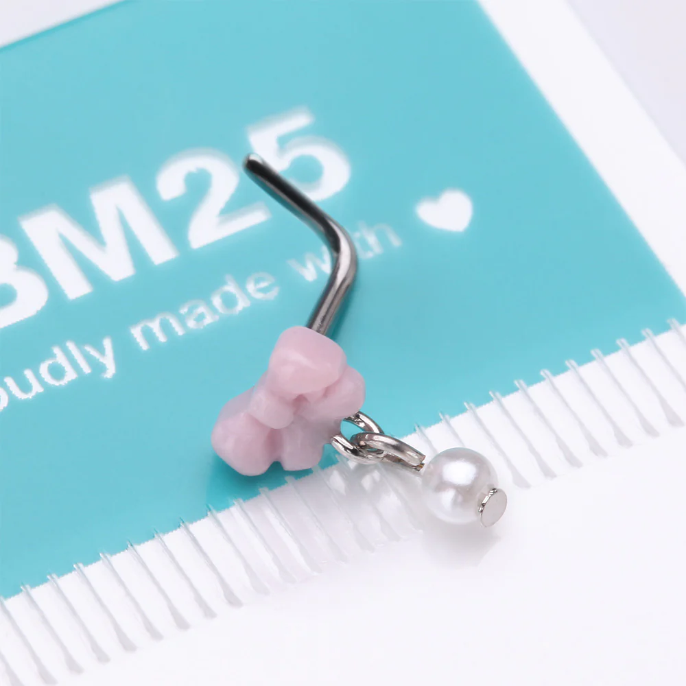 Kawaii Pop Fluffy Bow-Tie Pearlescent Dangle L-Shaped Nose Ring - Image 5