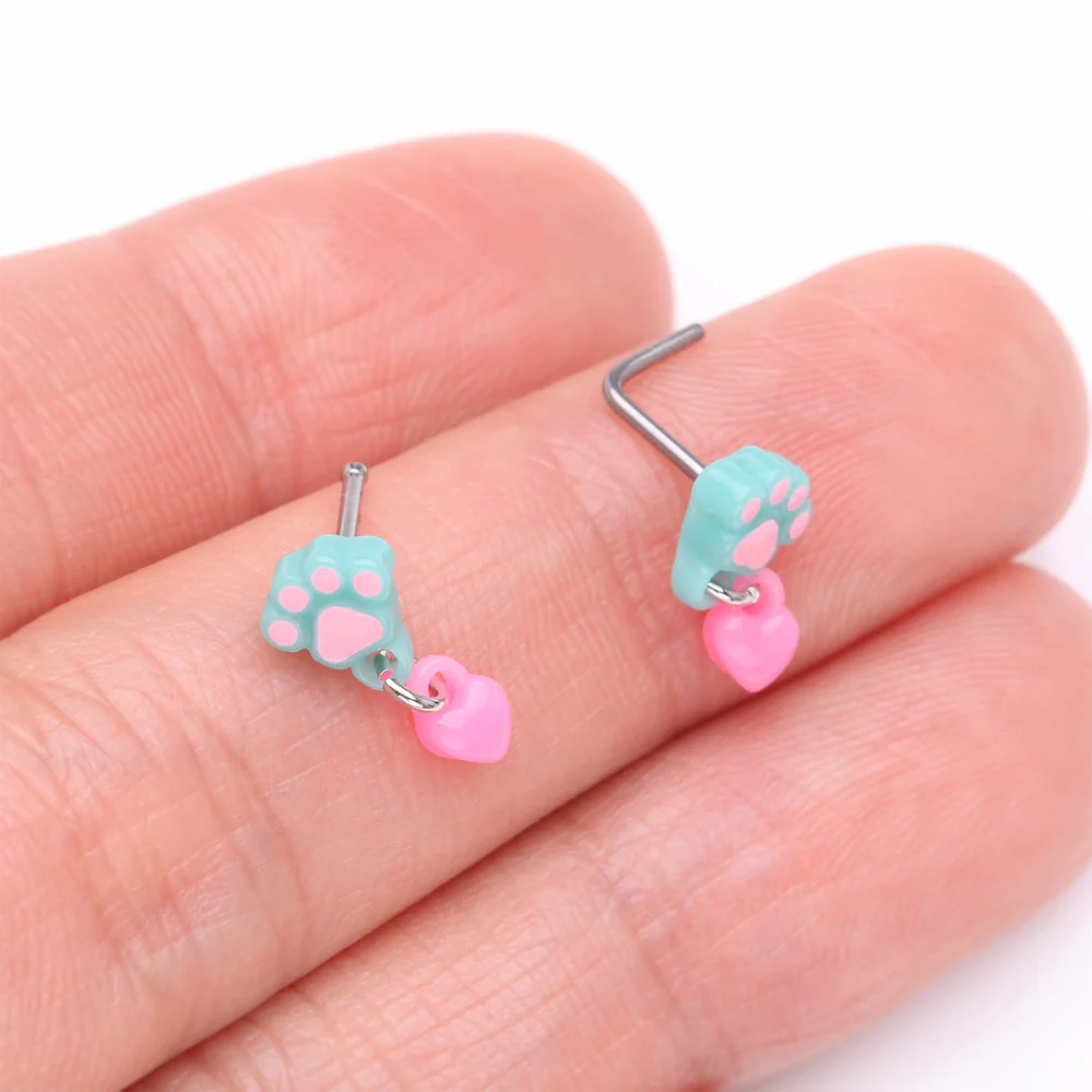 Kawaii Pop Paw Heart Dangle L-Shaped Nose Ring - Image 4