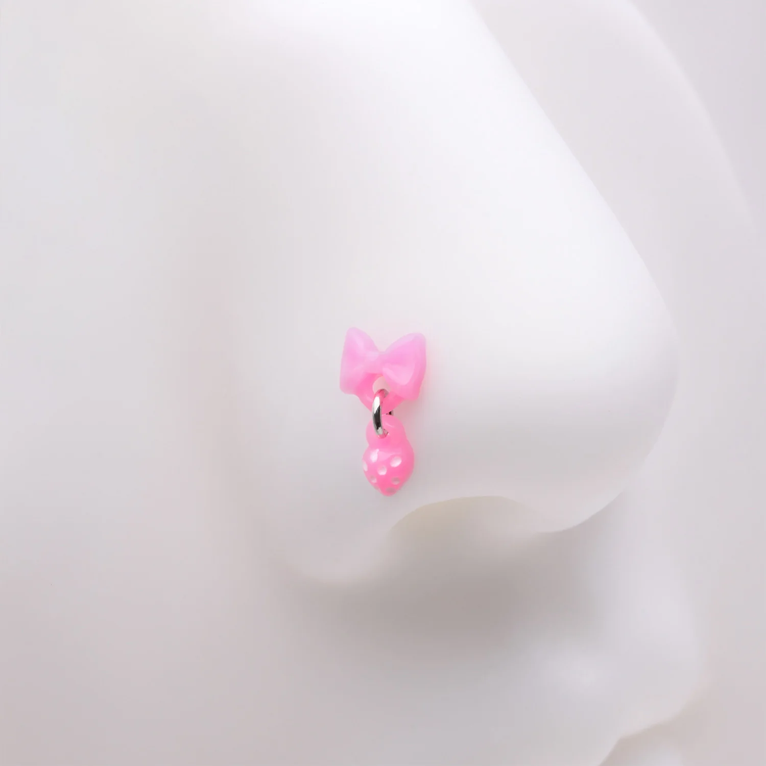 Kawaii Pop Pink Bow-Tie with Polka Dot Dangle L-Shaped Nose Ring - Image 2