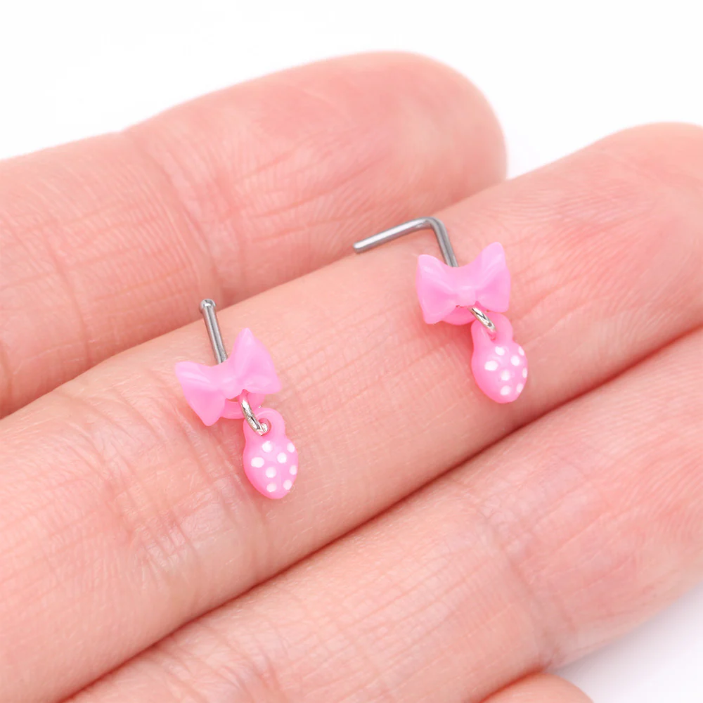 Kawaii Pop Pink Bow-Tie with Polka Dot Dangle L-Shaped Nose Ring - Image 4