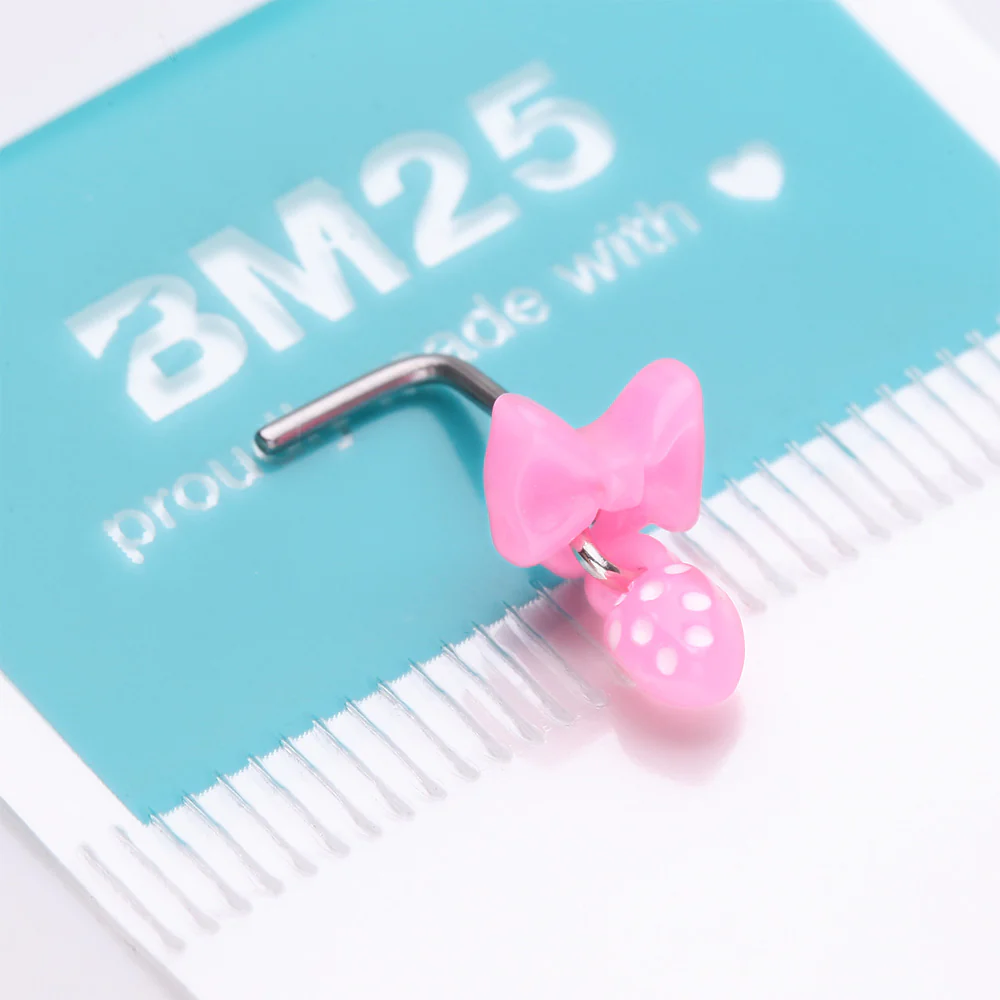 Kawaii Pop Pink Bow-Tie with Polka Dot Dangle L-Shaped Nose Ring - Image 5