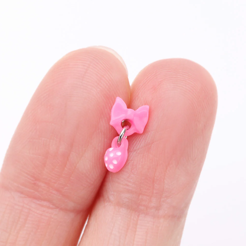 Kawaii Pop Pink Bow-Tie with Polka Dot Dangle Nose Stud Ring - Image 3