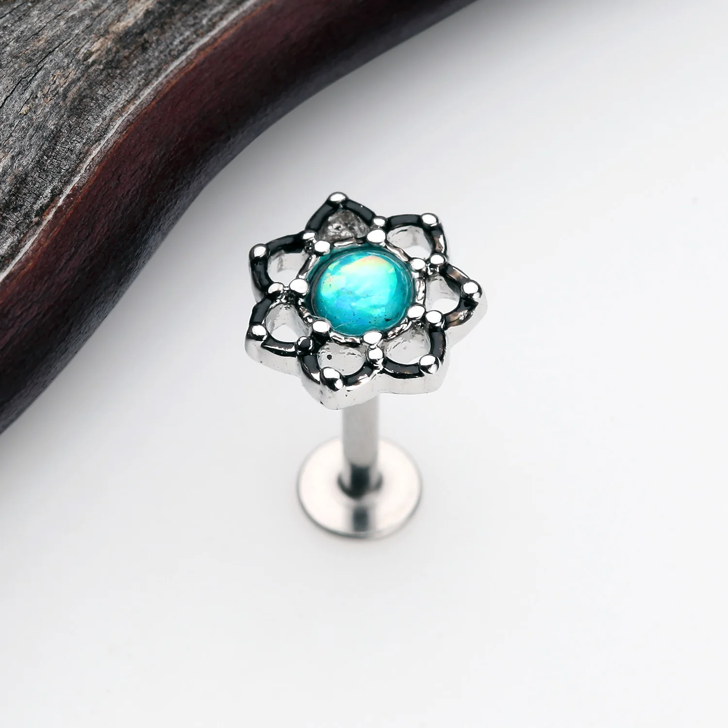 Lotus Flower Filigree Opal Sparkle Steel Labret - Image 2