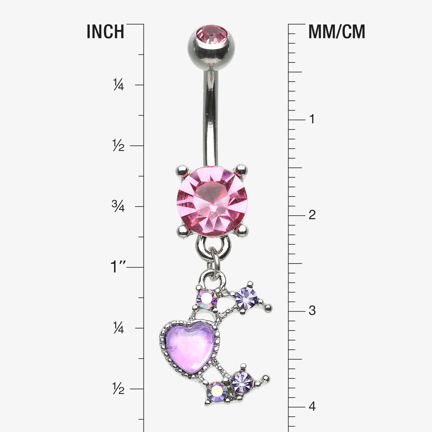 Love Heart Crescent Moon Sparkle Dangle Belly Button Ring - Image 2