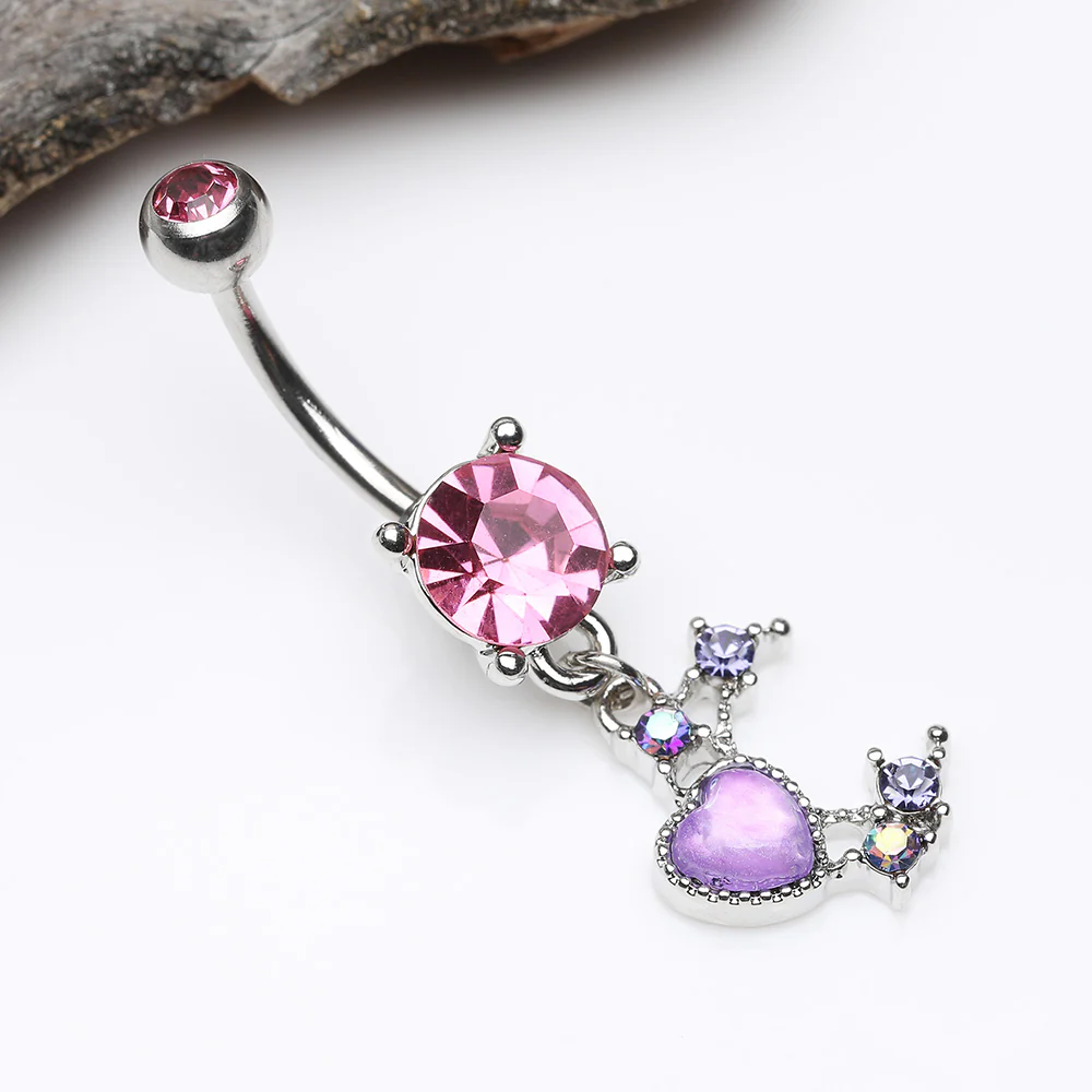Love Heart Crescent Moon Sparkle Dangle Belly Button Ring - Image 3