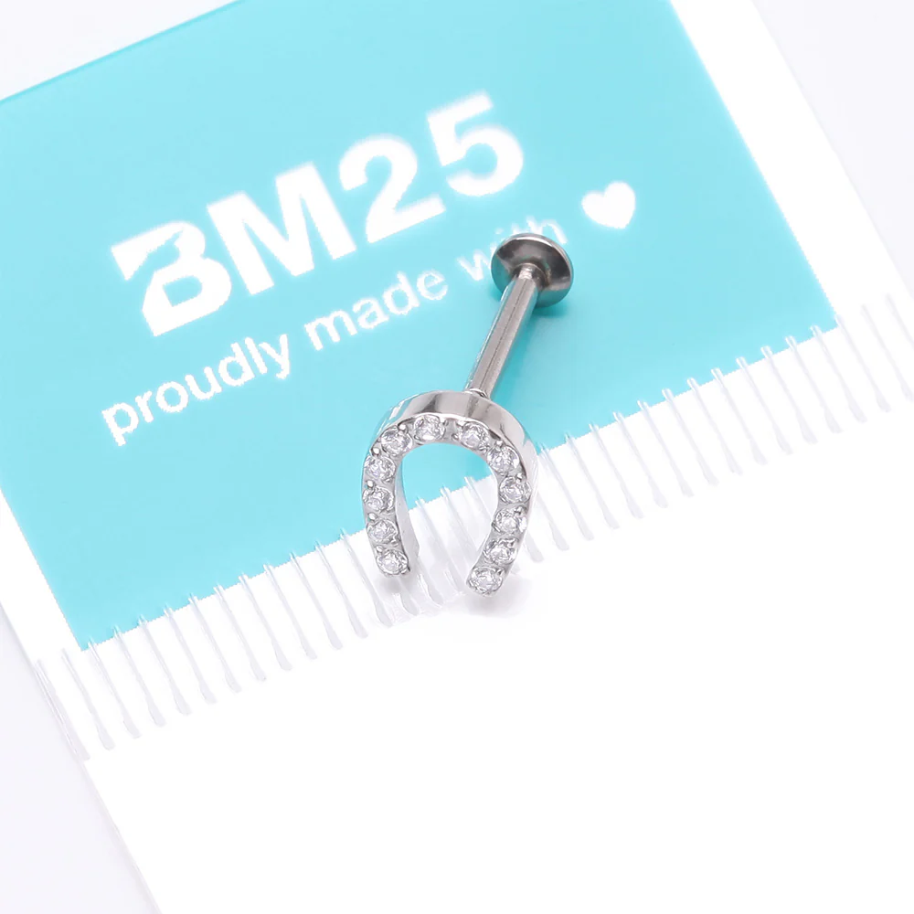 Lucky Charm Sparkle Horseshoe Threadless Flat Back Stud Labret - Image 5