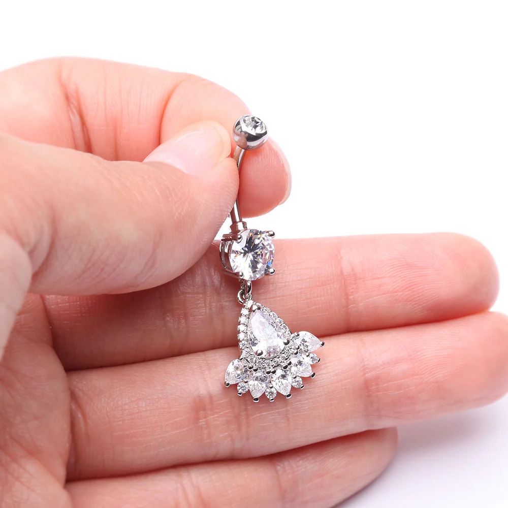 Magnificent Sparkle Floral Teardrop Belly Button Ring - Image 4