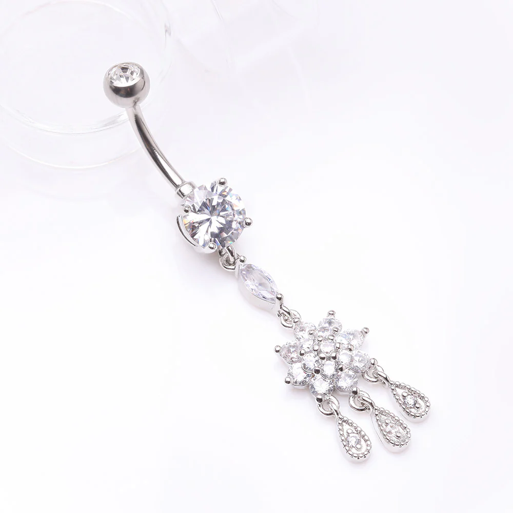 Mandala Flower Sparkle Teardrop Dangle Belly Button Ring - Image 3