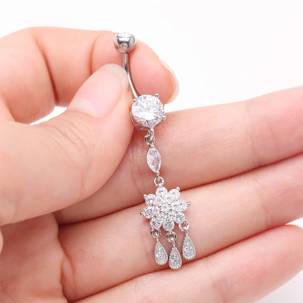 Mandala Flower Sparkle Teardrop Dangle Belly Button Ring - Image 4