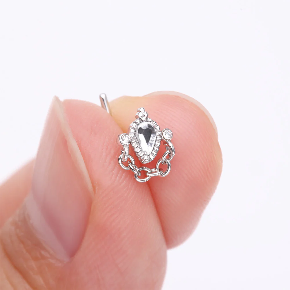 Mandala Ornate Sparkle Chain Dangle L-Shaped Nose Ring - Image 3