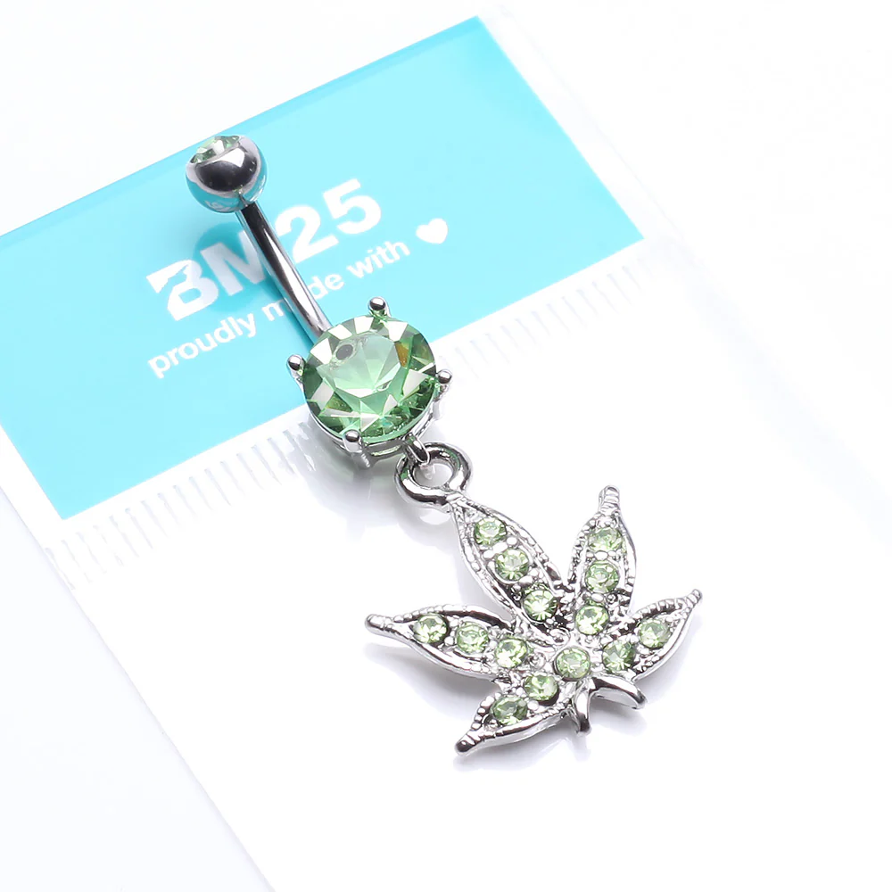 Marijuana Leaf Sparkle Belly Button Ring - Image 5