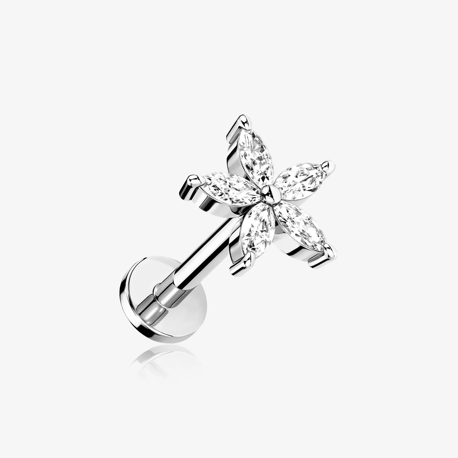Marquise Flower Sparkle Top Internally Threaded Steel Flat Back Stud Labret